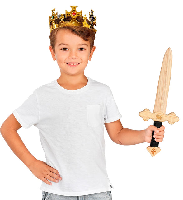 Houten ridderzwaard voor kinderen bij een koningslook, blanke kling met zwarte greep