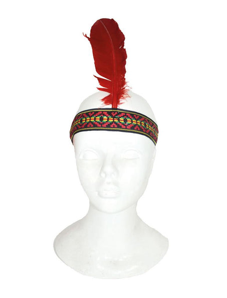 Indianen hoofdband met veer, rode veer rechtop op een zwarte band met rood, geel en groen motief, voor carnaval