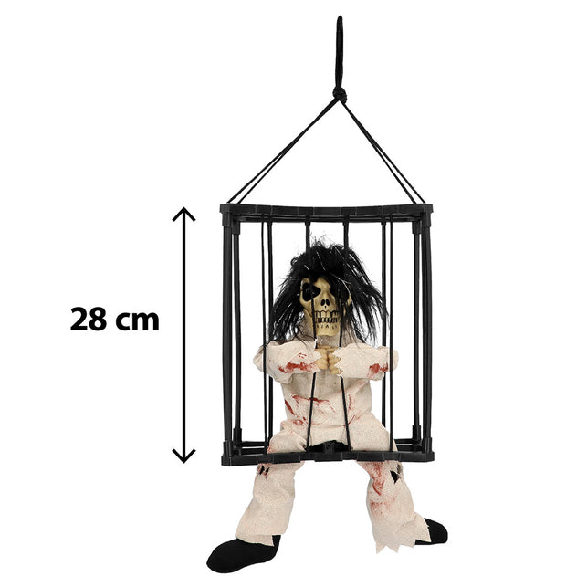 Jail house ghost hangdecoratie van 28 cm hoog met skeletgezicht en bebloede kleding achter tralies