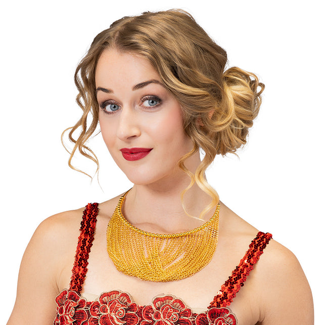 Jaren 20 ketting goud met kettingfranje hoog om de hals gedragen door een dame, voor een jaren 20-feest