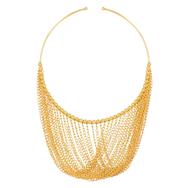 Jaren 20 ketting goud met open halsband, een rij gouden kraaltjes en lussen van fijne kettinkjes
