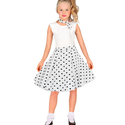 Jaren 50 rok Holly met halsdoek opzij geknoopt, zwarte polkadots op wit