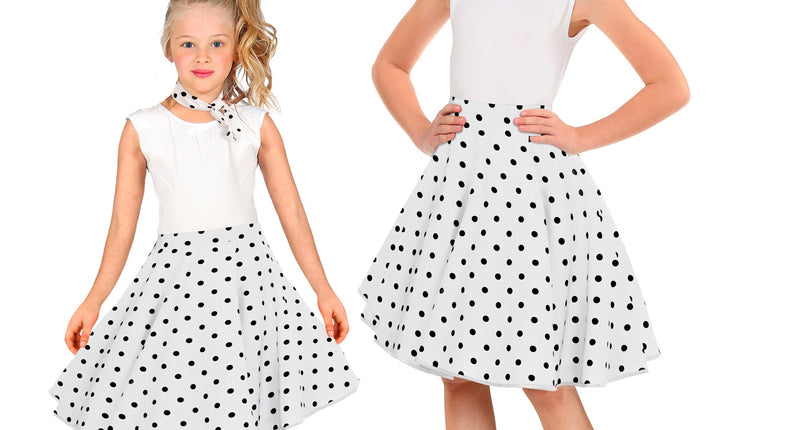 Jaren 50 rok wit zwart Holly met zwarte stippen en bijpassende halsdoek voor meisjes