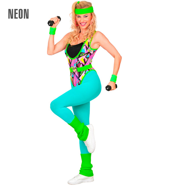 Jaren 80 aerobic kostuum dames met neon geometrische bodysuit, turquoise panty en groene beenwarmers