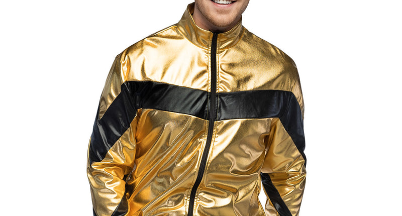 Jasje Cosmic goud voor heren, metallic gouden bomberjack met zwarte borstbaan en rits, voor een jaren 80-feest