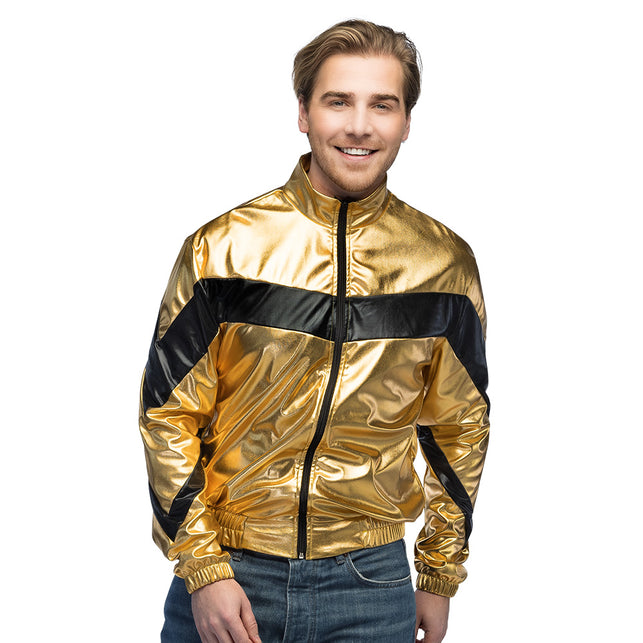 Jasje Cosmic goud voor heren, metallic gouden bomberjack met zwarte borstbaan en rits, voor een jaren 80-feest