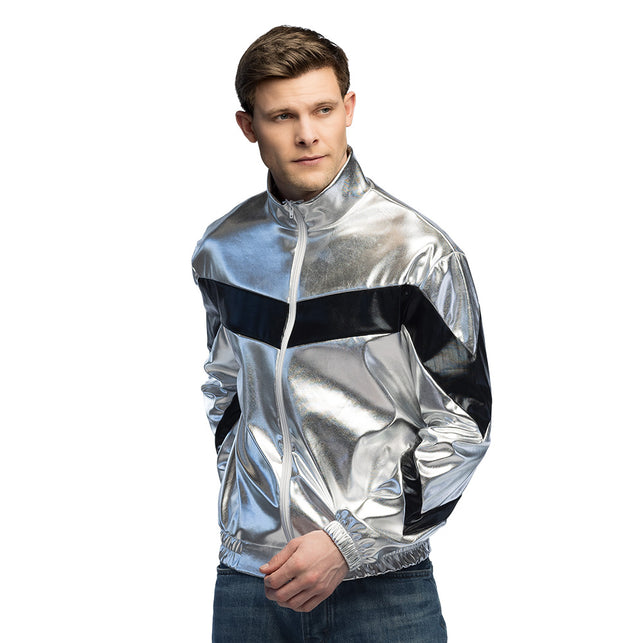 Jasje Cosmic zilver met staande kraag en zwarte punt over de borst, voor een jaren 80-feest
