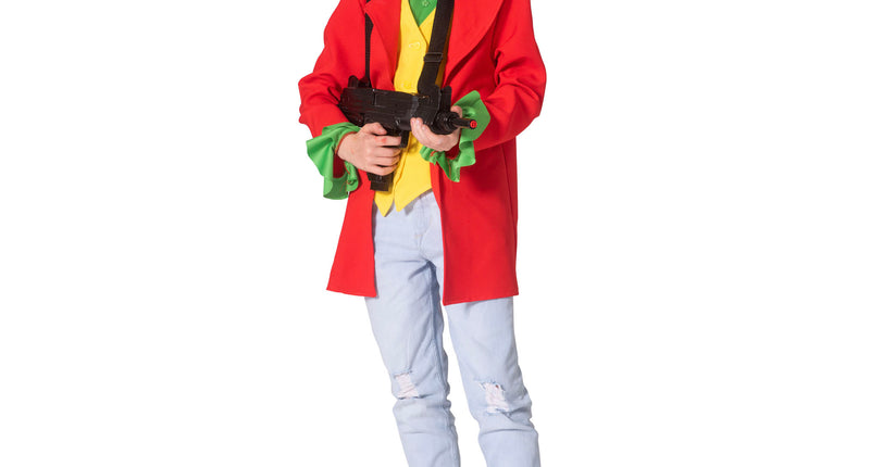 Joker pak James kinderen met rode jas, geel gilet en groene ruches aan de mouwen, voor Halloween