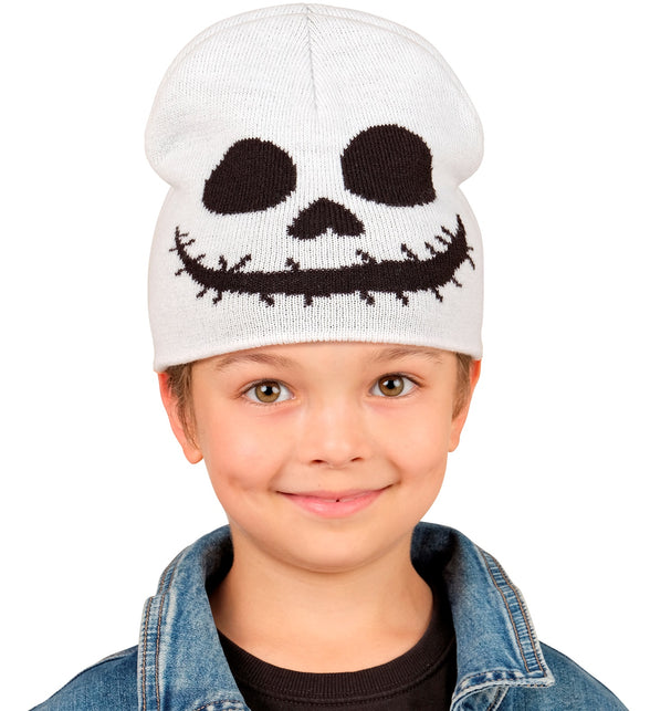 Jongen met witte spookmuts, skeletgezicht tot op de omgeslagen rand