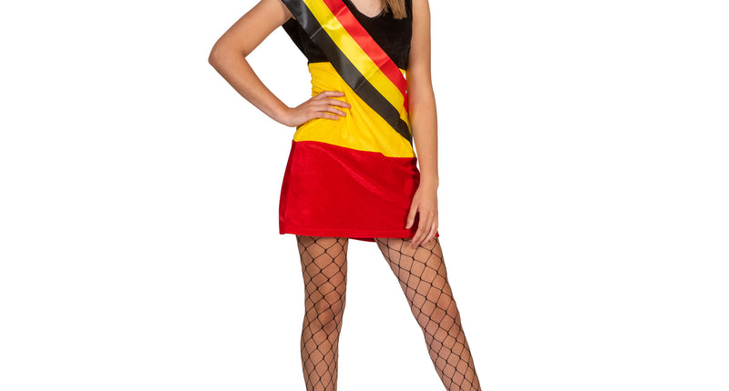 Jurk Belgische vlagkleuren voor dames met zwart lijfje, gele taille en rode rok, voor carnaval