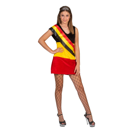 Jurk Belgische vlagkleuren voor dames met zwart lijfje, gele taille en rode rok, voor carnaval