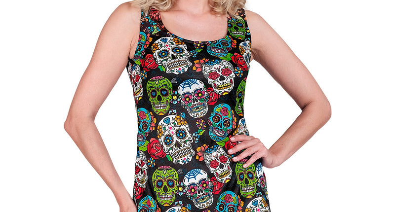 Jurk day of the dead Skully in zwart met kleurrijke sugar skulls en rode rozen, mouwloos model voor dames
