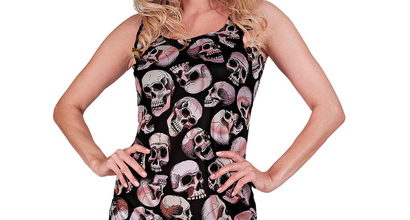 Jurk schedels Happy: zwarte damesjurk met roze schedelprint en smalle bandjes, voor Halloween