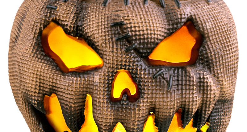 Jute pompoen 30 cm met licht in bruin met oplichtende oranje ogen en tandenrij voor Halloween