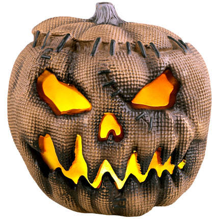 Jute pompoen 30 cm met licht in bruin met oplichtende oranje ogen en tandenrij voor Halloween