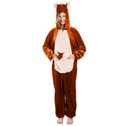 Kangoeroe jumpsuit van voren met crème buikpaneel, rits en buidel met kangoeroetje