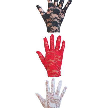 Kanten handschoenen met bloemenkant, hier het witte model naast een zwart en een rood paar
