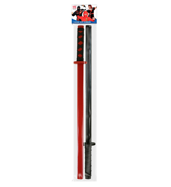 Katana set van 2 in verpakking: zwarte en rode schede van 72 cm met omwikkelde greep