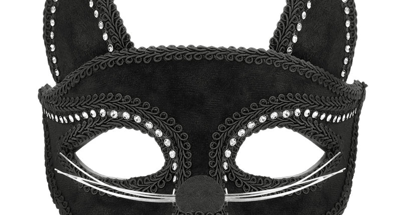 Kattenmasker zwart met strassrandje, kattenoren en witte snorharen, halfmasker voor een gemaskerd bal