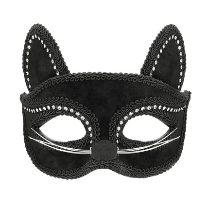 Kattenmasker zwart met strassrandje, kattenoren en witte snorharen, halfmasker voor een gemaskerd bal
