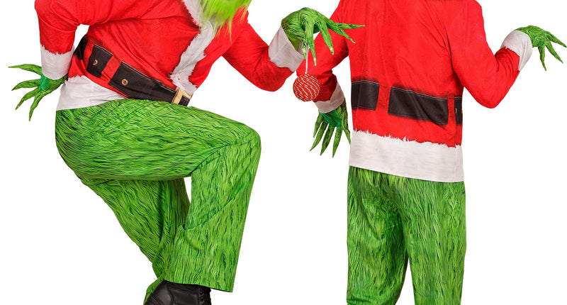 Kerst monster kostuum Grinch met rode kerstjas en groene harige broek, voor- en achterkant
