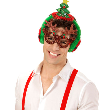 Kerstboom oorwarmers van dichtbij, rode ruche onder de groene glitterboom met gouden ster