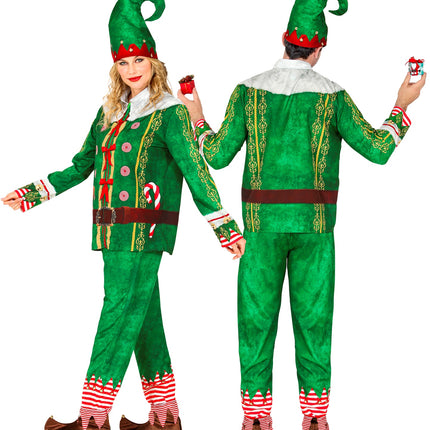 Kerstelf outfit met gekrulde puntmuts en rood-wit gestreepte print aan de enkels