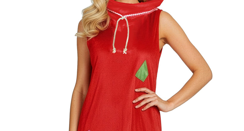 Kerstjurkje kerstman zak in rood fluweel met wit koord bij de kraag en gekleurde labels, voor dames