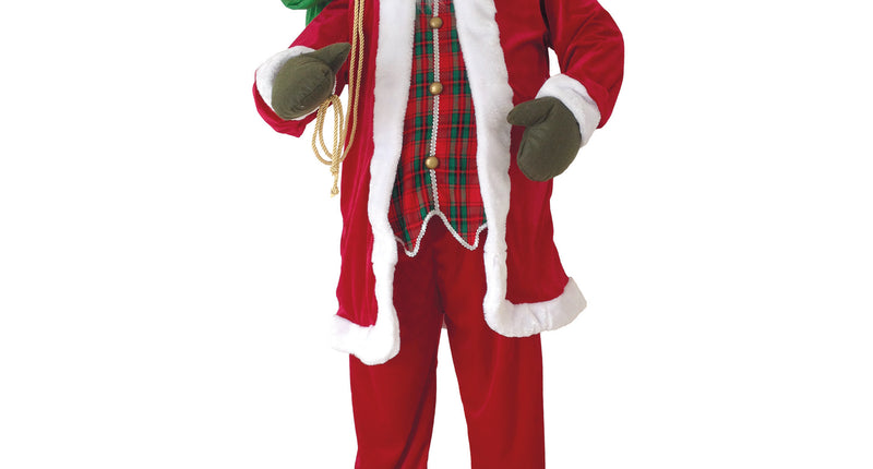 Kerstman decoratiepop 180 cm in rood met witte randen, ruitvest en groene zak over de schouder voor Kerst