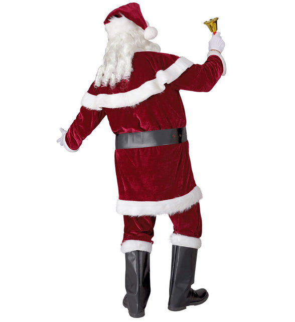 Kerstman kostuum achterzijde: rode jas met witte pluche zoom en cape over de schouders