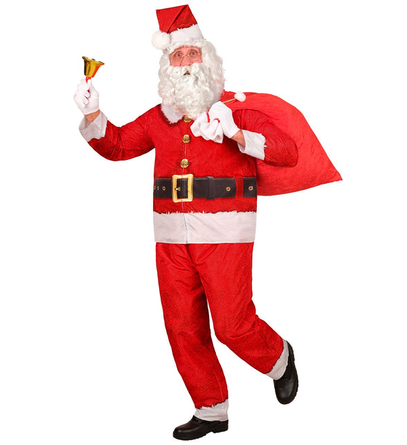 Kerstman kostuum met broek met witte boorden en muts met pompon, look van voren