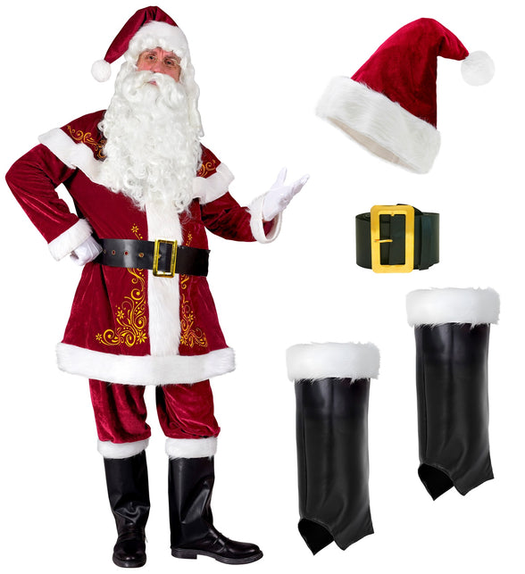 Kerstman kostuum met losse onderdelen: zwarte riem met goudkleurige gesp en overzetlaarzen met pluche boord