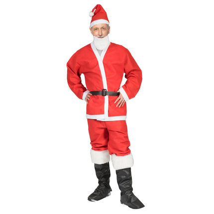 Kerstman pak goedkoop gedragen door heer met witte baard en rode punthoed met pompon, voor Kerst