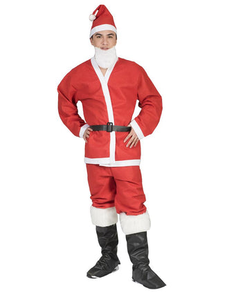 Kerstman pak goedkoop in rood met witte biezen, jas met V-hals, broek, zwarte riem, muts en witte baard