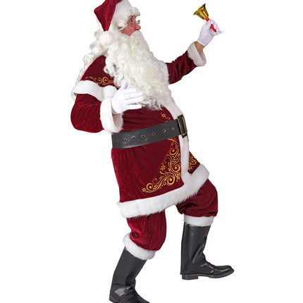 Kerstman pak zijkant: wijde rode knickerbroek met gouden krulprint en witte pluche randen