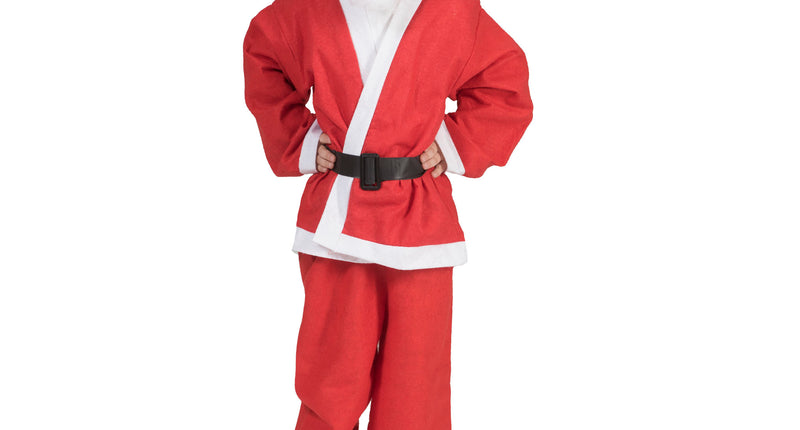 Kerstman set kind in rood met witte bies, zwarte riem, muts met pluim en witte baard voor Kerst