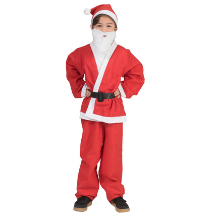 Kerstman set kind in rood met witte bies, zwarte riem, muts met pluim en witte baard voor Kerst