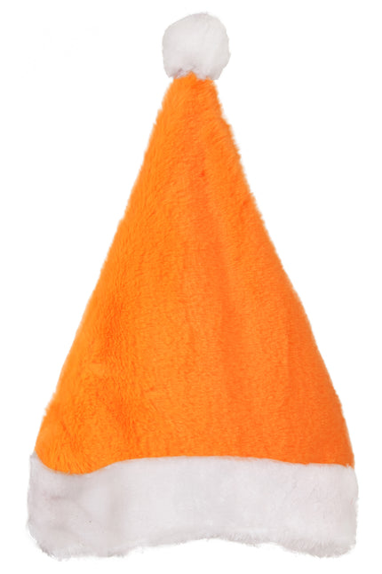 Kerstmuts pluche oranje met brede witte rand en witte pompon aan de punt, voor Koningsdag of kerst