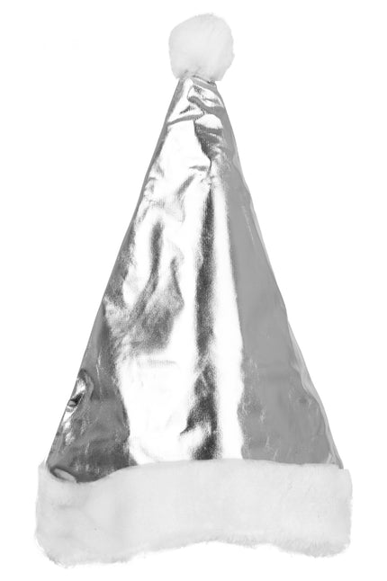 Kerstmuts zilver metallic met glanzende punt, witte bontrand en witte pompon voor Kerst