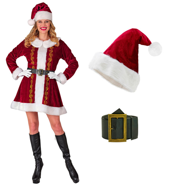 Kerstvrouw jurk Claus met los afgebeelde rode puntmuts met pompon en zwarte riem met gouden gesp