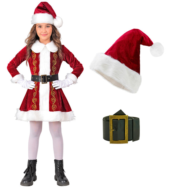 Kerstvrouw jurkje Claus kinderen met losse rode kerstmuts en zwarte riem met goudkleurige gesp