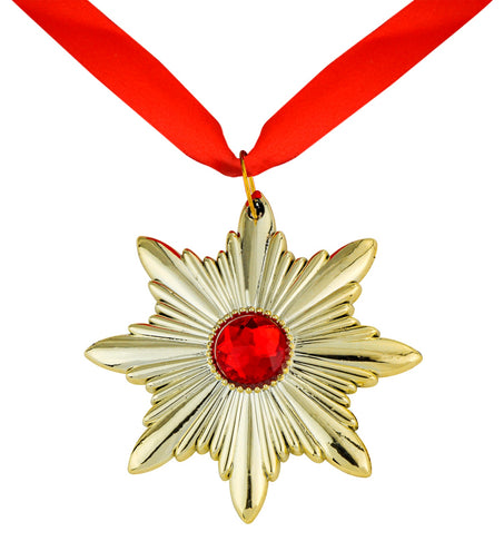 Ketting Dracula medaillon met goudkleurige achtpuntige ster en rode steen aan rood lint