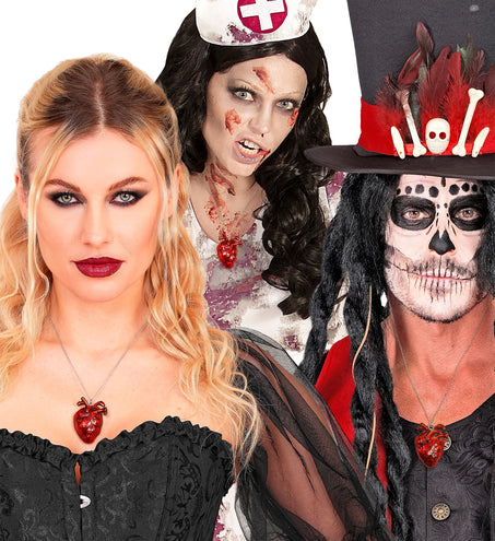 Ketting hart halloween Yara gedragen door dame in zwart, zombieverpleegster en voodoolook