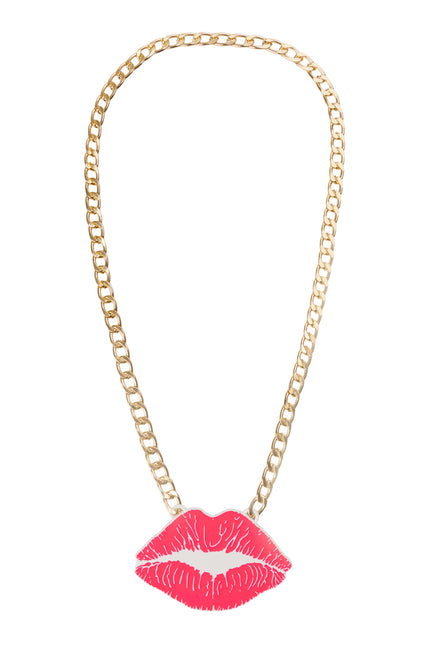 Ketting lippen met felroze kusmond hanger aan brede goudkleurige schakelketting