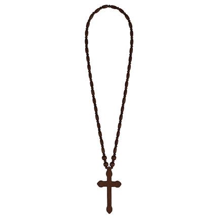 Ketting Rosario bruin in volle lengte, met ovale houten kralen en een kruishanger