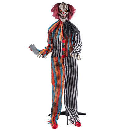 Killer clown decoratie met gebarsten wit masker, scheve tanden, rode pompons en bebloed hakmes voor Halloween