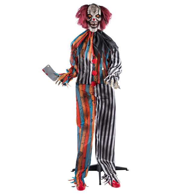 Killer clown decoratie met gebarsten wit masker, scheve tanden, rode pompons en bebloed hakmes voor Halloween