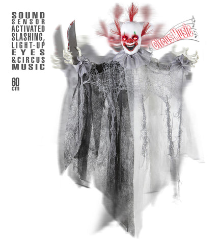 Killer clown decoratie met zwaaiend mes en rood oplichtende ogen in beweging, voor Halloween