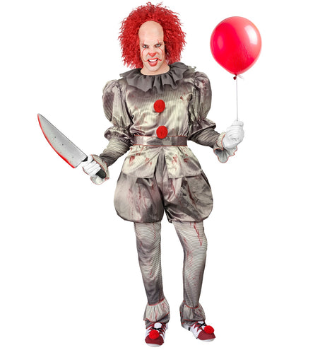 Killer clown kostuum in grijs met bloedspatten, rode pompons en ruche om de hals, voor Halloween