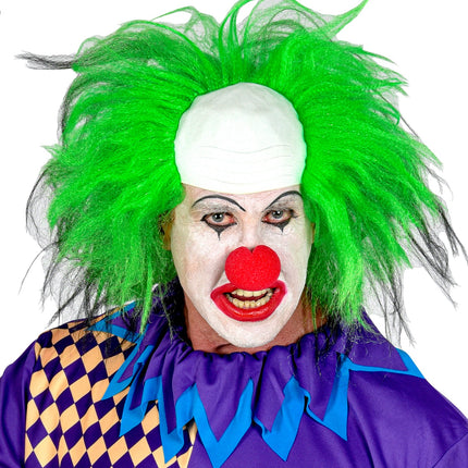 Killer clown pruik groen bij een paars clownspak met ruitpatroon en blauwe kraag